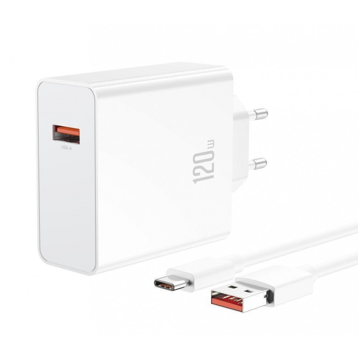 Зарядно устройство 220V XO 120W + кабел USB-A + Type-C, 6A, L128, бял