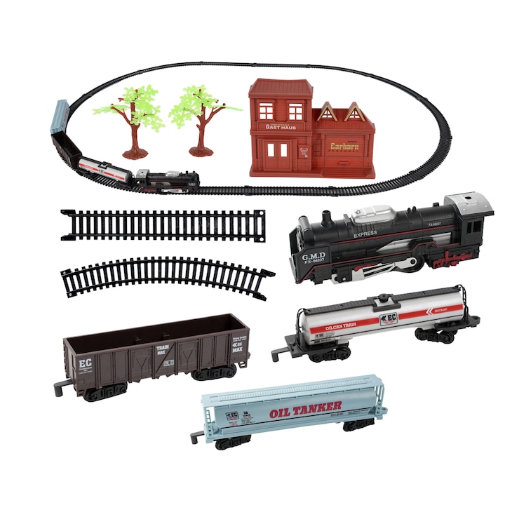 Електрическа верига с експресен влак GMD idealSTORE, Аксесоари със звуци и светлини, Включва локомотив, 3 вагона, гара, 2 дървета, Дължина на коловоза 270 см, Предлага дълги часове завладяващо забавление