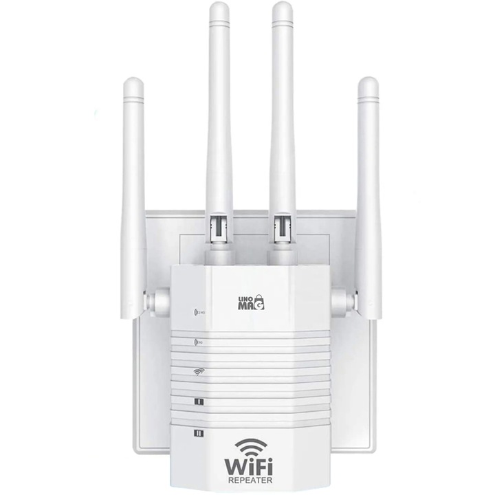 Усилвател на сигнал Wireless Linomag, Range Extender на WiFi мрежа, 4 антени, 2.4 & 5GHz двулентова мрежа, Trasnfer до 1200Mbps, 2 x LAN порт, Бял