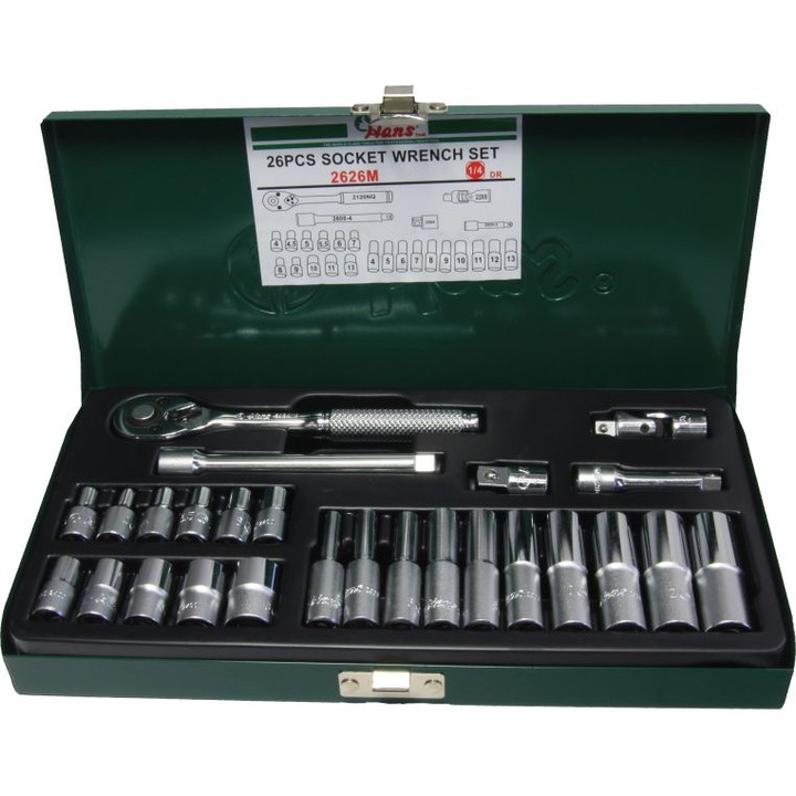 Trusa 26 scule, tubulare, profil hexagonal, dimensiune 1/4 inch, cheie clichet, adaptor, extensie, articulatie