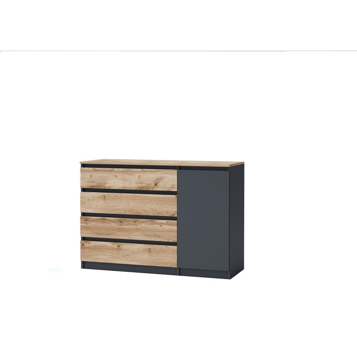 Comoda cu 1 usa si 4 sertare, pal stejar artisan/gri antracit, 120x86x43 cm, Bortis Impex