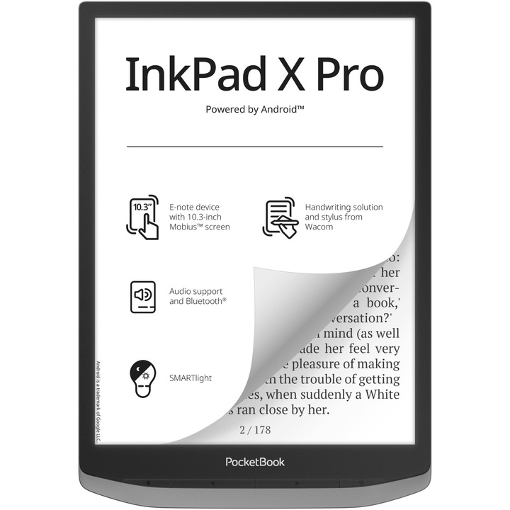 eBook четец Pocketbook InkPad X Pro, Сензорен екран 10,3" E Ink Carta™ (Mobius), 32GB, Bluetooth, WiFi, Сребрист