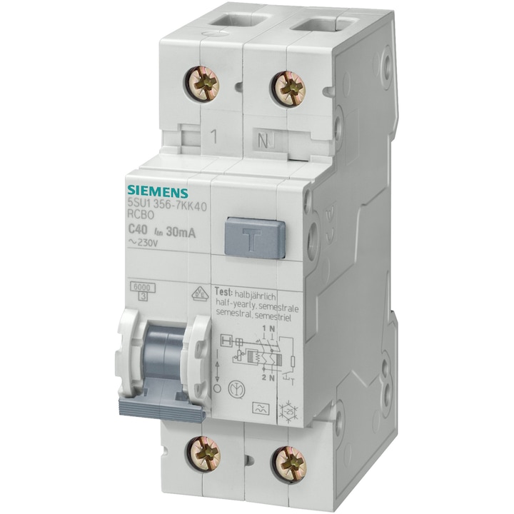 Автоматичен ел. предпазител Siemens 5SU1353-1KK32, RCBO, Диференциална защита, 2 модула, 1P+N, Крива на изключване C, 32A, 30mA