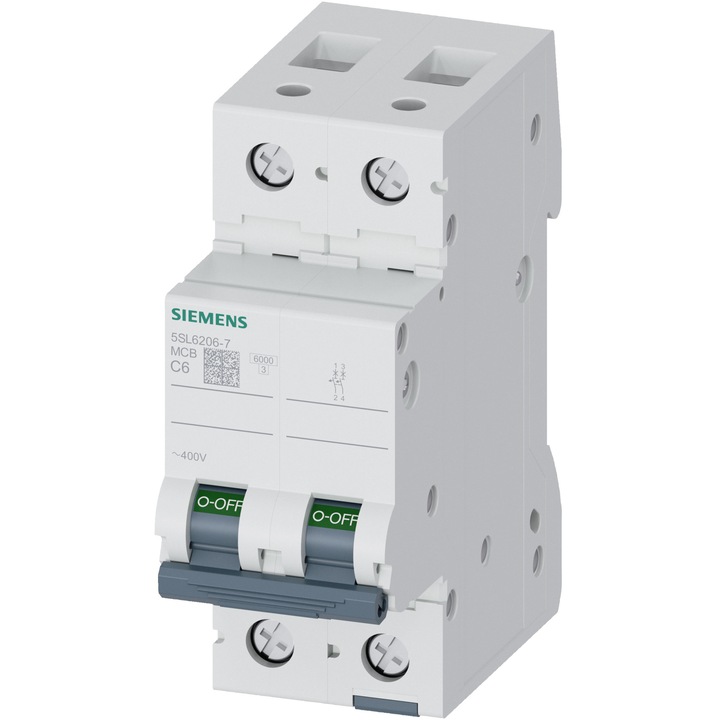 Siguranta electrica automata Siemens 5SL6206-7, latime 2 module, 6kA, 2P, caracteristica C, 6A