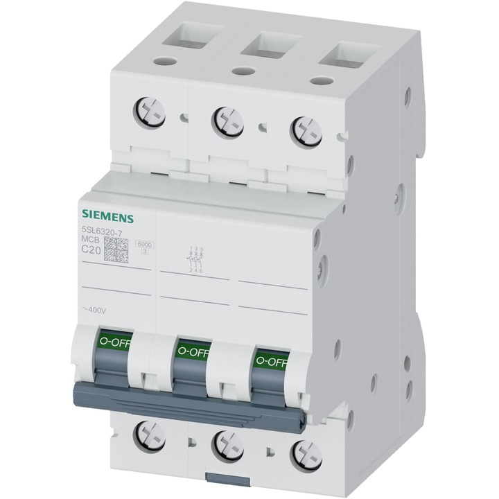 Автоматичен предпазител Siemens 5SL6320-7, Ширина 3 модула, 6kA, 3P, Характеристика C, 20A