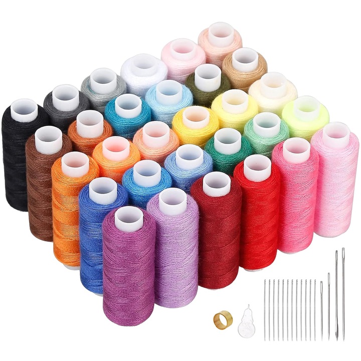 Set role ata de cusut, Axroad Mall, 30 fire colorate, 230 m lungime / buc, Durabil, Rezistenta la rupere, Culorile nu se estompeaza usor, Pentru coaserea fete de masa, draperii, servetele de masa, Poliester, Multicolor