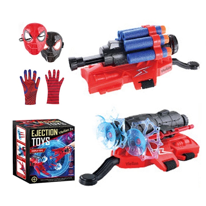 Set 2 lansatoare si masca, VIELLAN, Spiderman, 2 Manusa, rosu