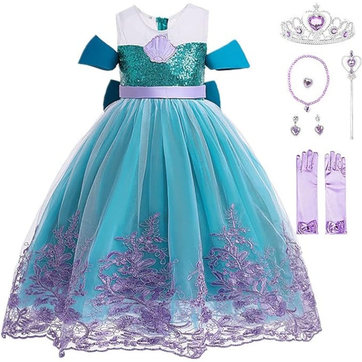 Rochita Sirena de Printesa pentru fete, Set cu Coronita si Accesorii, Tesatura fina, 3-4 ani, 110 cm, Verde smarald/ Mov