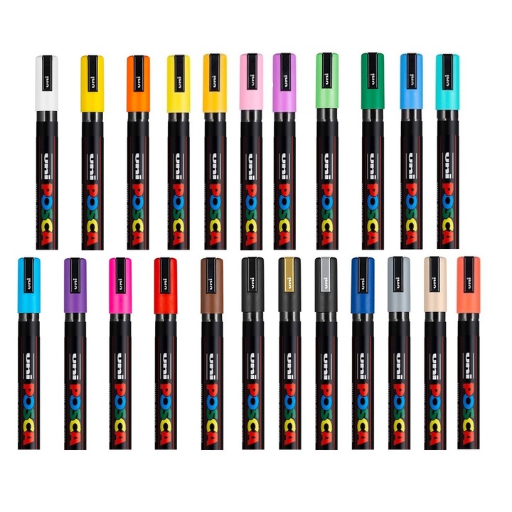 Комплект 23 маркера POSCA UNI Mitsubishi 5M, 1,8-2,5 мм, среден връх, боя на водна основа