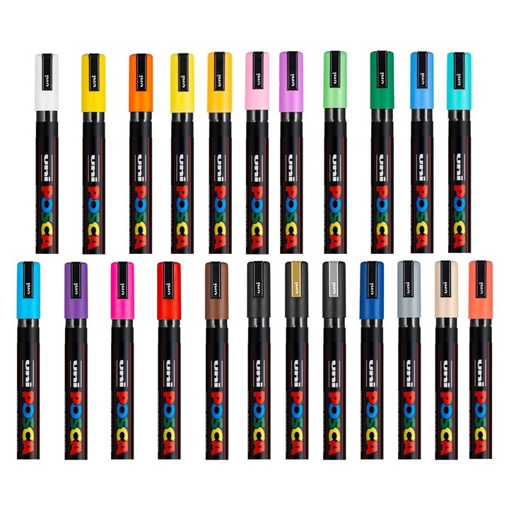 Set 23 Markere POSCA UNI Mitsubishi 5M, 1.8-2.5mm, varf mediu, vopsea pe baza de apa