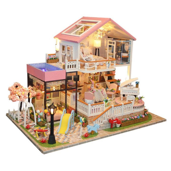 Mini casa de papusi 3D, Loka®, Tip DIY, Asamblare manuala, Bricolaj, Din lemn, Cu pisicina, Culoare Roz-Crem, 2 etaje