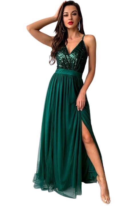Rochie lunga eleganta cu decolteu din paiete, cu spatele deschis, Verde