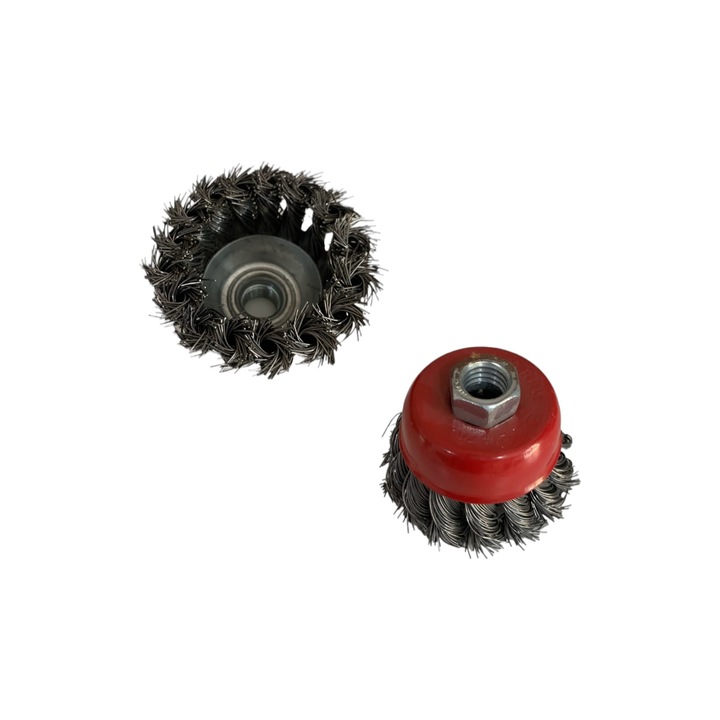 Set 2 perii din sarma dura 2.5" - 6cm, cu toroane, cupa pentru polizor unghiular flex, AVI-52, negru