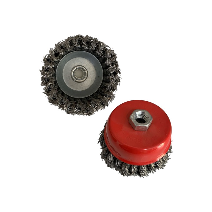 Set 2 perii din sarma dura 4" - 10cm, cu toroane, cupa pentru polizor unghiular flex, AVI-50, negru