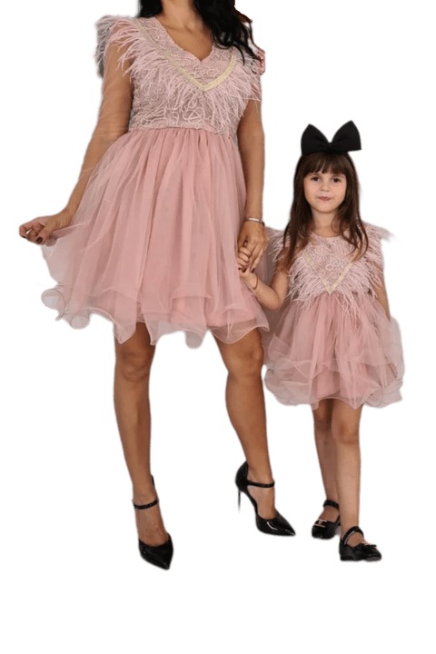 Комплект къса рокля майка-дъщеря (9-12 месеца) "Preety Pink", пола от тюл, топ с бродерия от пера, Винтидж розово