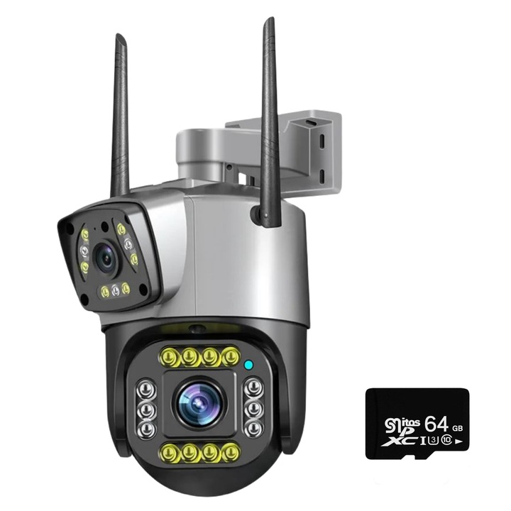MOSMAOO® Двойна WIFI камера за наблюдение, WI-FI, 2K, 4MP, Откриване и проследяване на движение, Нощно виждане, На закрито/Външно, Предупреждение за движение, двупосочна комуникация, с 64 GB карта с памет, Сребрист