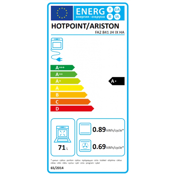 Cuptor incorporabil Hotpoint FA2 841 JH IX HA, Multifunctional, Curatare hidroliza, Grill, Timer, LED, 71 l, Clasa A+, Inox