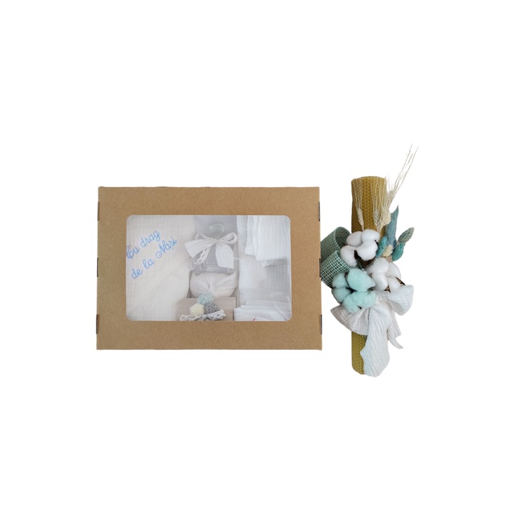 Trusou de botez complet din muselina + lumanare din ceara naturala, Albastru, Colorart