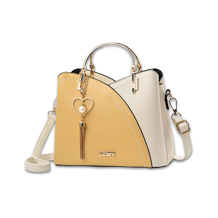 JULS elegáns női kézitáska, sokoldalú dizájn, ökológiai bőr, több rekesz, fém fogantyúk, cipzár és mágnes, fehér sárga