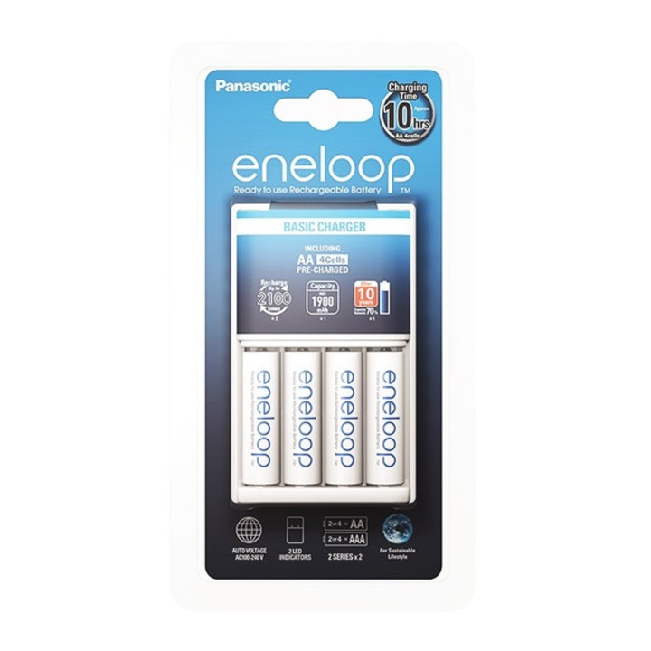 Panasonic eneloop akkutöltő (240v, időzítő, 4 x aa / aaa elem kompatibilis + 4db 1900mah aa elem ) fehér