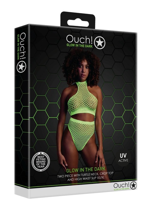 Szexi fehérneműszett, Ouch!, Nylon, rövid felső gallérral és magas derekú alsónadrággal, neonzöld, XS/XL