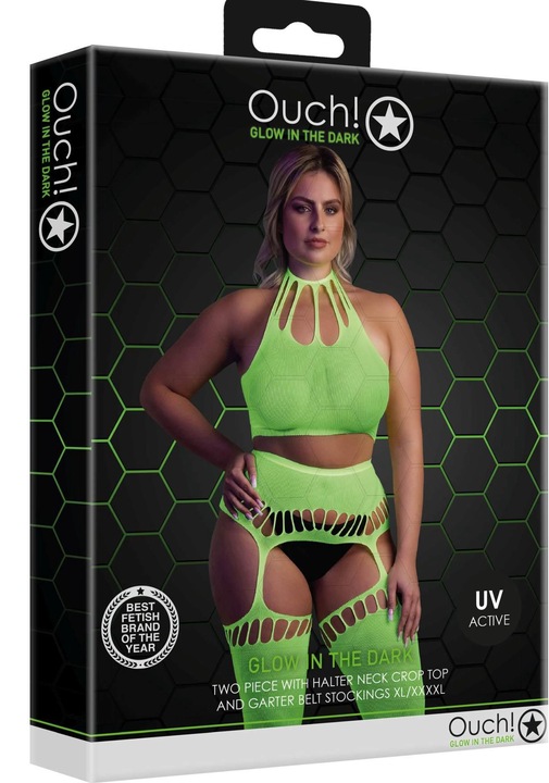 Szexi fehérneműszett, Ouch!, Nylon, rövid felső és harisnya, neonzöld, XL/4XL