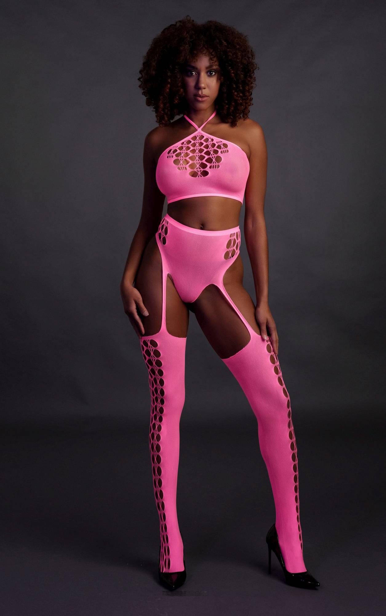 ♡HOOPEY♡  Lenjerie sexy set cu top scurt si ciorapi, Ouch!, roz neon, XS/XL