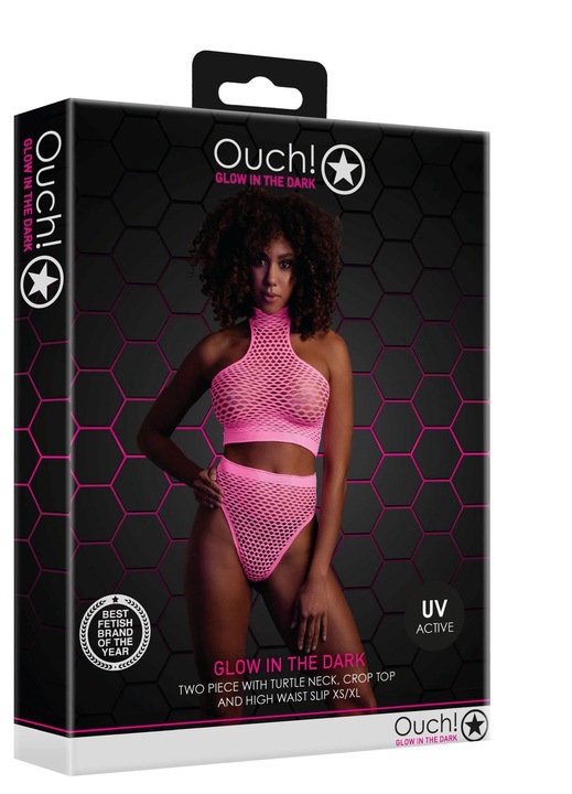 Szexi fehérnemű szett, Ouch!, Nylon, Crop top gallérral és magas derékú bugyival, neon rózsaszín, XS/XL