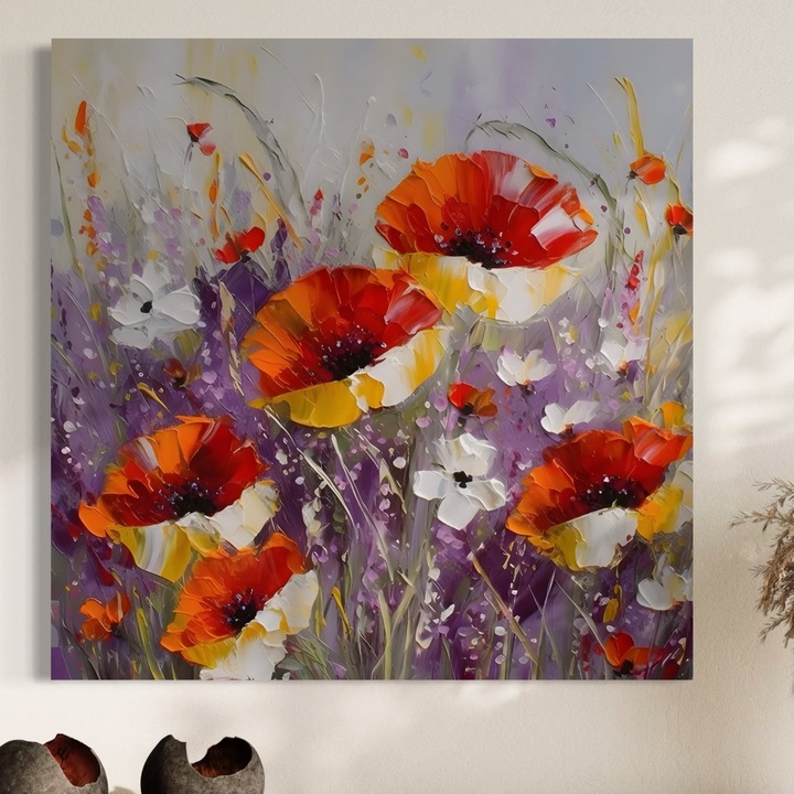 Tablou Canvas Premium, LuxCanva® A1412, Flori Salbatice, 50 X 50 CM, Panza Bumbac 100% 400g/m2, Sasiu Lemn, Room, Maci, Natura, Primavara, Living, Culori Vibrante