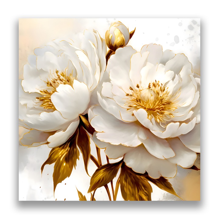 Картина на платно, LuxCanva® A1413, Бели цветя, 50 X 50 CM, 100% памучно платно 400g/m2, Дървена рамка, Стая, Пролет, Злато, Божур, Декоративна, Всекидневна, Живи цветове