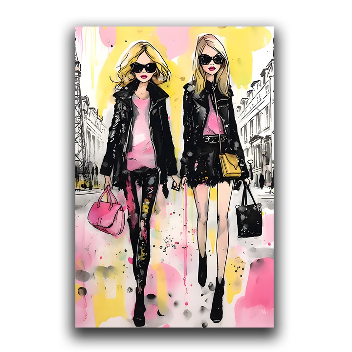 Премиум картина върху платно, LuxCanva® C1132, Fashion Girls Walking, 100 X 155 CM, 100% Cotton Canvas 400g/m2, Wooden Frame, Colors, Pop Art Painting, Girls, Living Room, Bar, Relaxation, Vibrant Colors