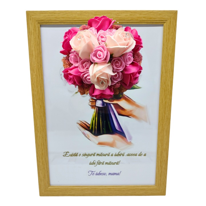 Tablou in rama A4 (30x21 cm) - Exista o singura masura a iubirii, accea de a iubi fara masura! Te iubesc!-v6 decorat cu flori de sapun roz-roz pal