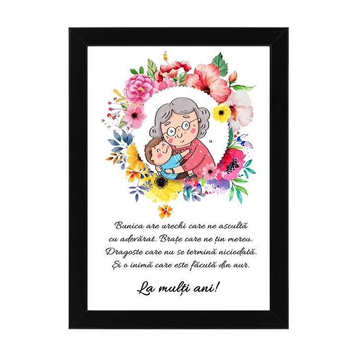 Tablou personalizat pentru Bunica cu text - La multi ani, 30x20cm, Negru