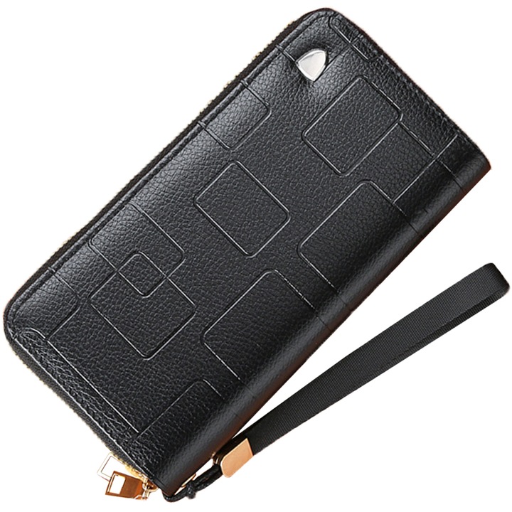 Portofel dama, din piele PU, cu 2 fermoare, curea de mana, 4 zone, 8 de sloturi pentru carduri, 20x10x4 cm, Negru, OptimStar®