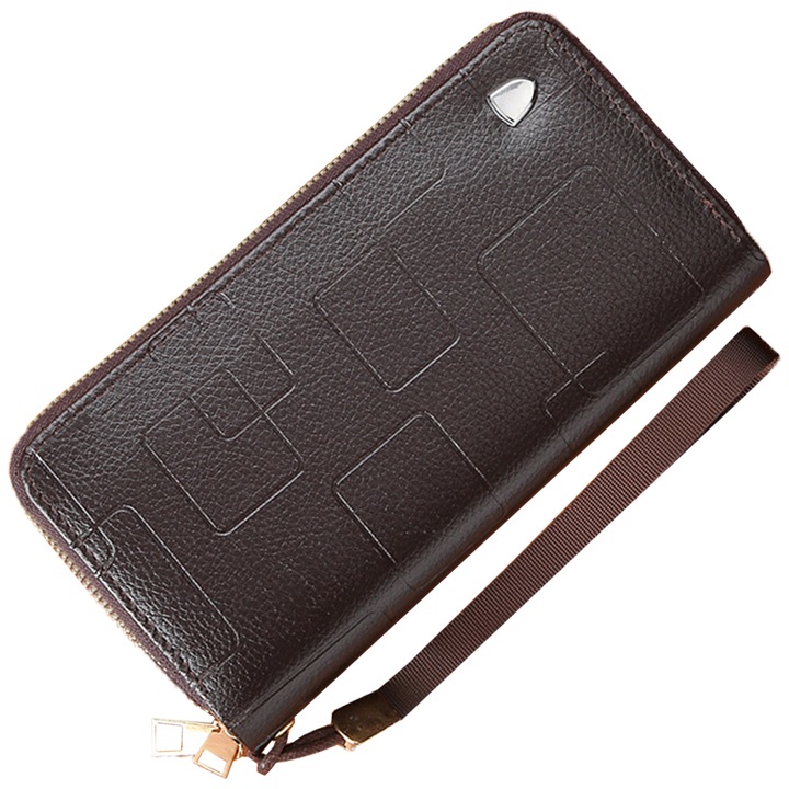 Portofel dama, din piele PU, cu 2 fermoare, curea de mana, 4 zone, 8 de sloturi pentru carduri, 20x10x4 cm, Maro inchis, OptimStar®