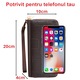 Portofel dama, din piele PU, cu 2 fermoare, curea de mana, 4 zone, 8 de sloturi pentru carduri, 20x10x4 cm, Maro inchis, OptimStar®