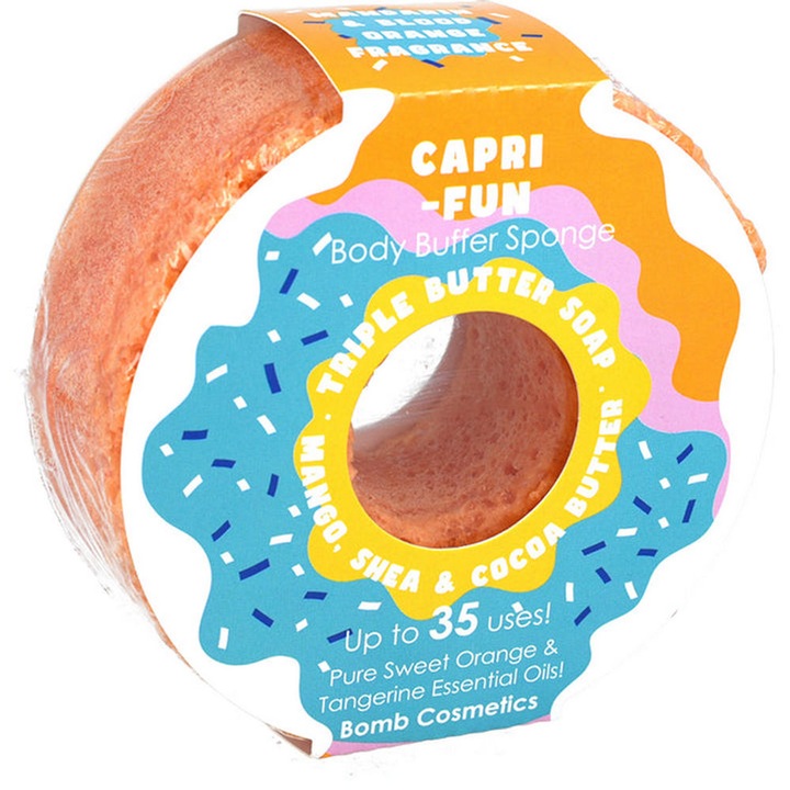 Hámlasztó tusfürdő Capri-Fun Donut Body Buffer szivaccsal, Bomb Cosmetics