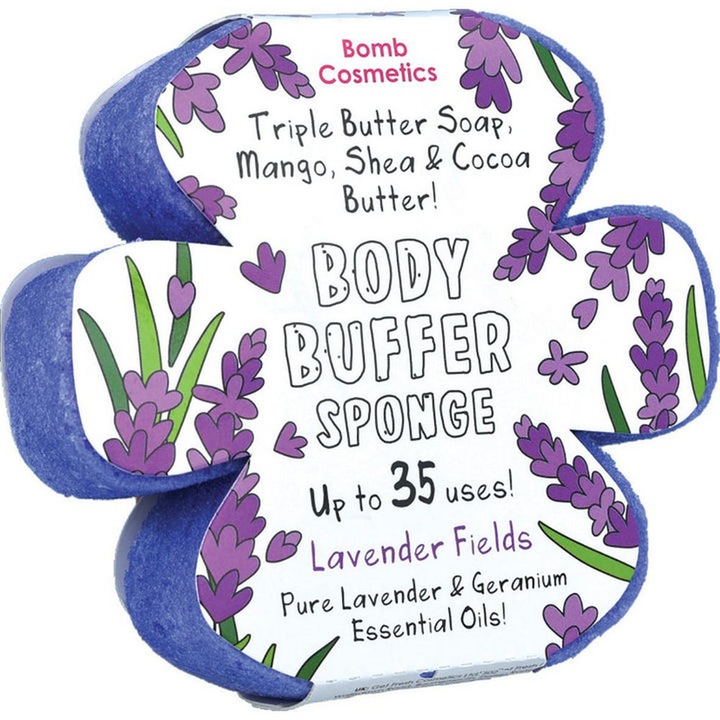 Lavender Fields Body Buffer hámlasztó tusfürdő szivaccsal, Bomb Cosmetics