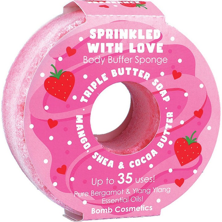 Hámló tusfürdő szivaccsal Love Donut Body Bufferrel meghintve, Bomb Cosmetics