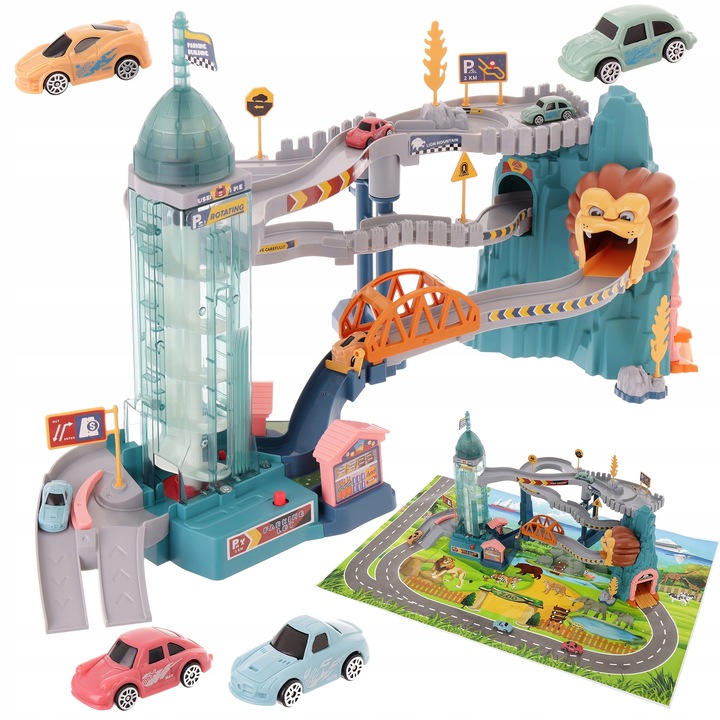 Set de Joaca ”ideal STORE Lion Adventures”, pista interactiva cu obstacole, turn cu lift automat, include 4 masinute si parcare ideal pentru o experienta unica