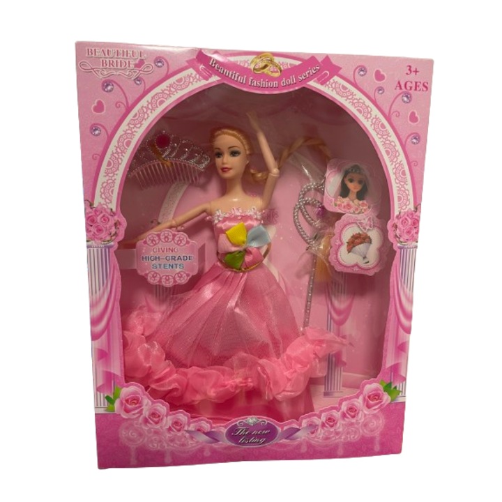 Papusa Karemi printesa, jucarie pentru fetite, cu coroana, bagheta fermecata si rochie roz