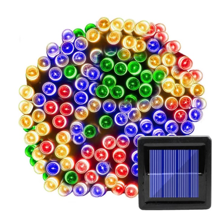Instalatie solara decorativa, Craciun, panou solar, 30 m, 300 LED-uri, culoare Multicolora, BZRSH, telecomanda, 8 moduri de iluminare