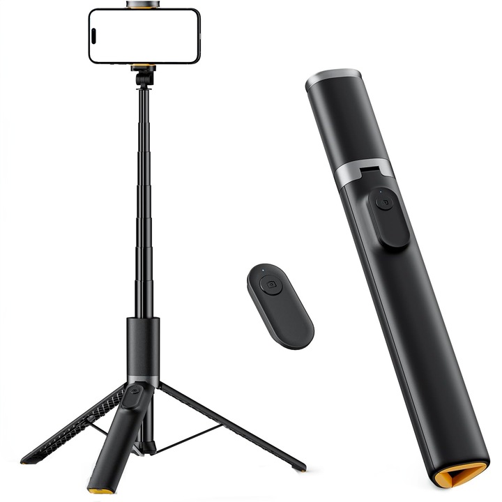 Selfie stick cu trepied portabil pentru telefon, cu telecomanda, 160 cm, Negru