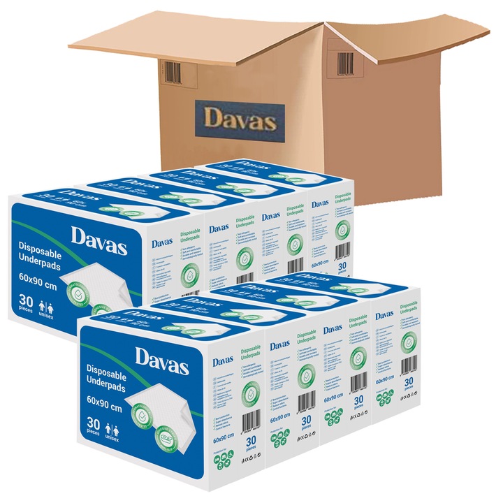 Aleze absorbante Davas, 60x90 cm, 240 buc, gama premium 5 straturi, cu benzi adezive