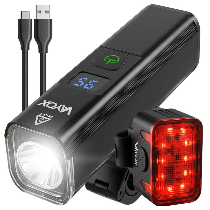 Set de lumini de bicicleta fata si spate Vayox VA0071, VA0152, din aluminiu, sursa LED 5050 15W si 16x SMD, profesionala, acumulator 4500 si 500 mAh, LCD indicator baterie, incarcare USB-C, Powerbank, rezistenta la apa, 1300 si 300 lumeni, Negru