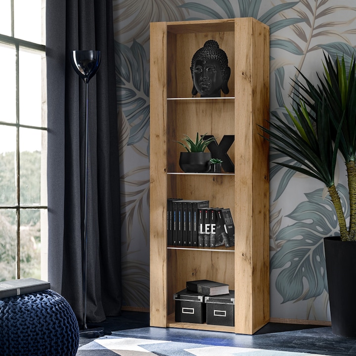 Biblioteca, komodee, Tivoli, 3 compartimente, 3 rafturi din sticla, PAL melaminat, 55 x 159 x 35 cm, Wotan/Wotan