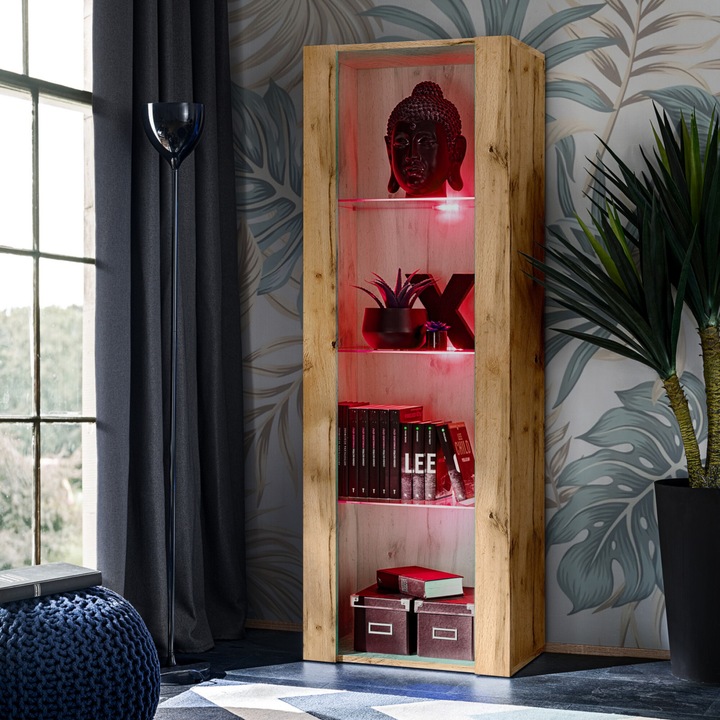 Biblioteca, komodee, Tivoli, 3 compartimente, 3 rafturi din sticla, Iluminare LED RGB, PAL melaminat, 55 x 159 x 35 cm, Wotan/Wotan