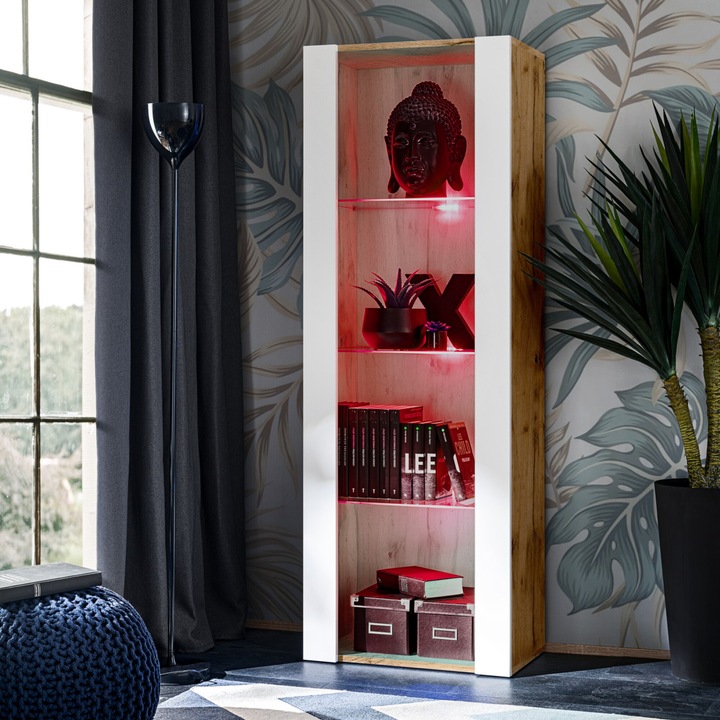 Biblioteca, komodee, Tivoli, 3 compartimente, 3 rafturi din sticla, Iluminare LED RGB, PAL melaminat, 55 x 159 x 35 cm, Wotan/Alb