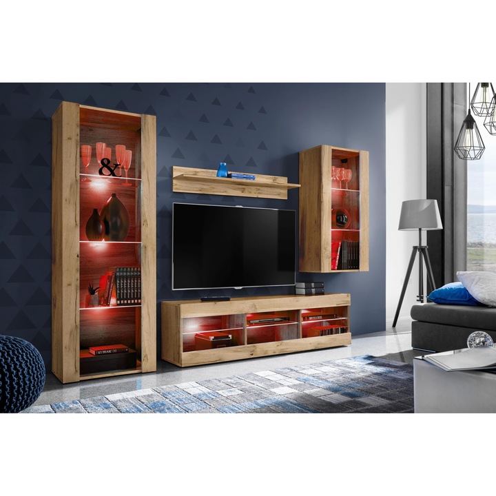 Set Mobila Living, komodee, Tivoli Set Medio, Comoda RTV, Biblioteca, Rafturi, Iluminari LED albastru, PAL, 250 x 159 x 35 cm, Wotan/Wotan