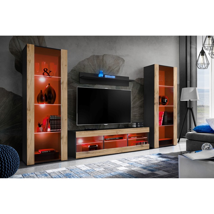Set Mobila Living, komodee, Tivoli Set Grande, Comoda RTV, Biblioteca, Rafturi, Iluminari LED RGB, PAL, 250 x 159 x 35 cm, Negru/Wotan